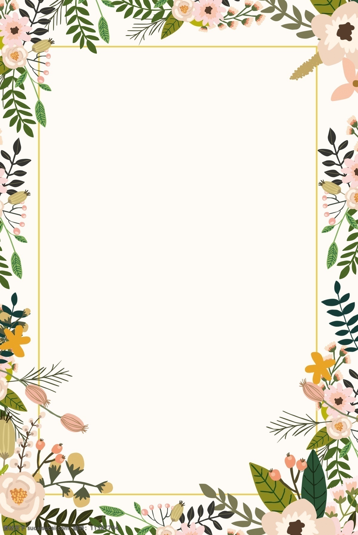 彩色 植物 花朵 边框 背景 海报 碎花 米色 文艺风 小清新 婚庆