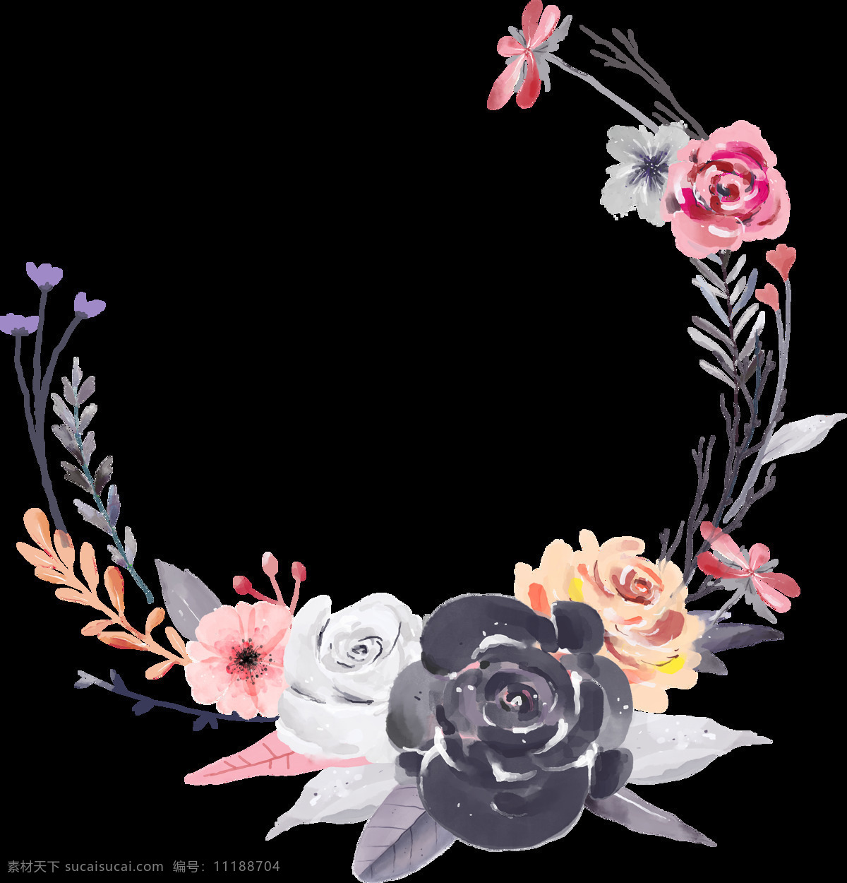手绘 黑色 玫瑰 花卉 透明 白色 粉红色 橘色 玫瑰花 免扣素材 水彩 透明素材 叶子 装饰图案