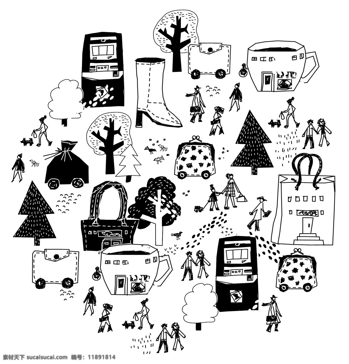 市区 购物 街 黑白 商业 插画 海报 商业海报素材 袋子 树木