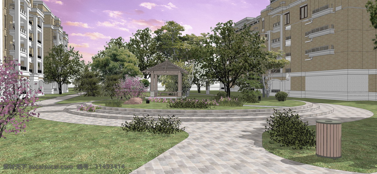 亭子 小区效果图 景观 广场植物 道路 su 环境设计 景观设计