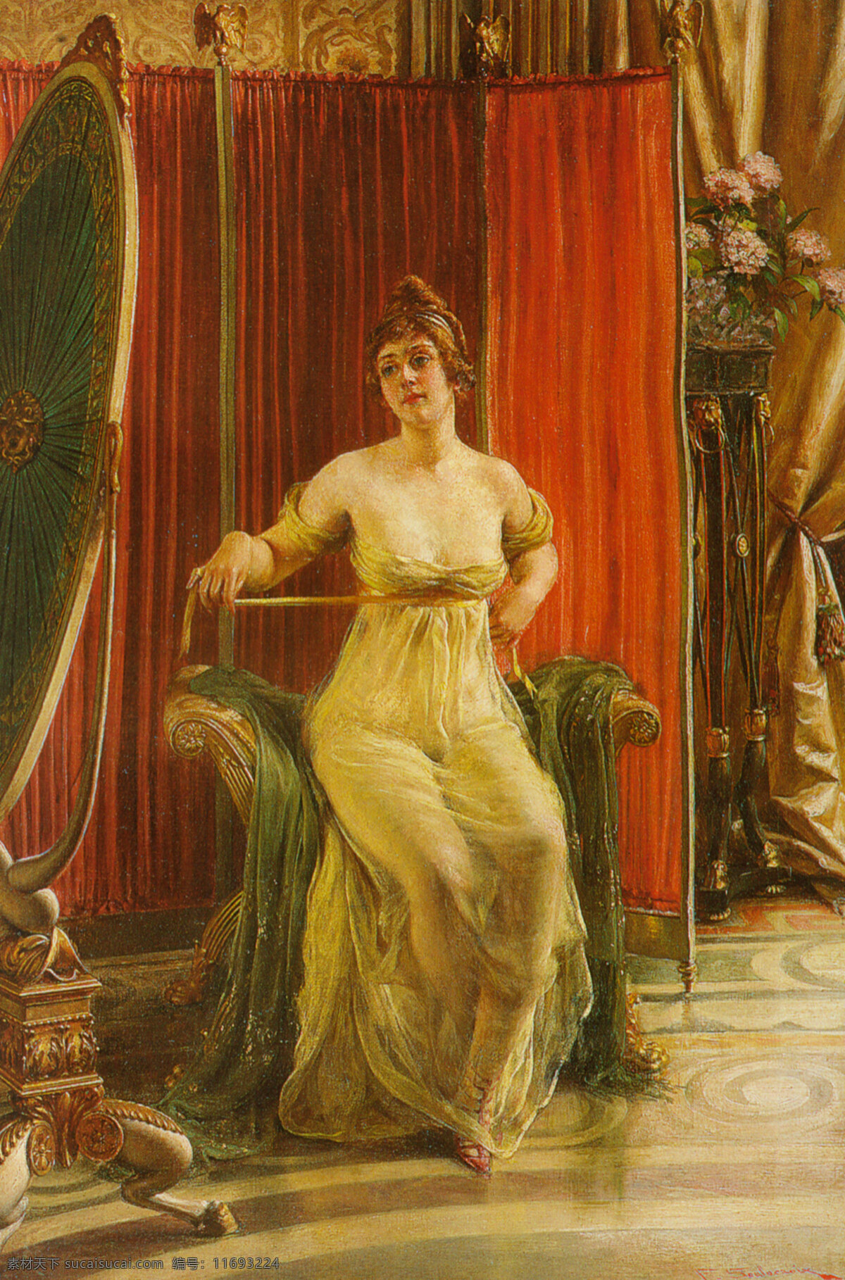 照镜子的夫人 女人 女士 贵妇 镜子 红色屏风 世界名画 西洋油画 绘画书法 文化艺术 人物