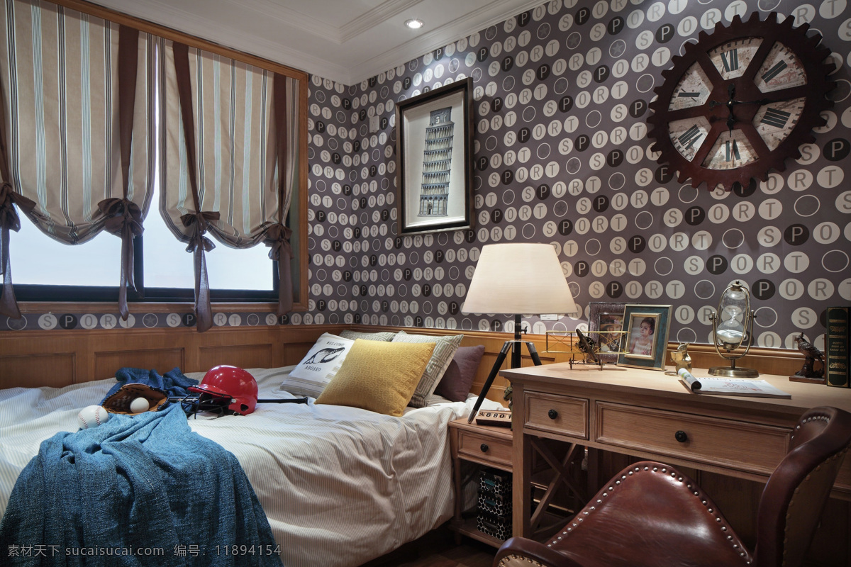 现代艺术 感 卧室 灰白 圆点 背景 墙 室内装修 图 卧室装修 木制书桌 褐色窗帘 蓝色床单