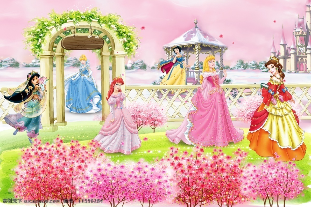 迪士尼 公主 装饰画 迪士尼公主 粉色 室外 花园 草坪 唯美