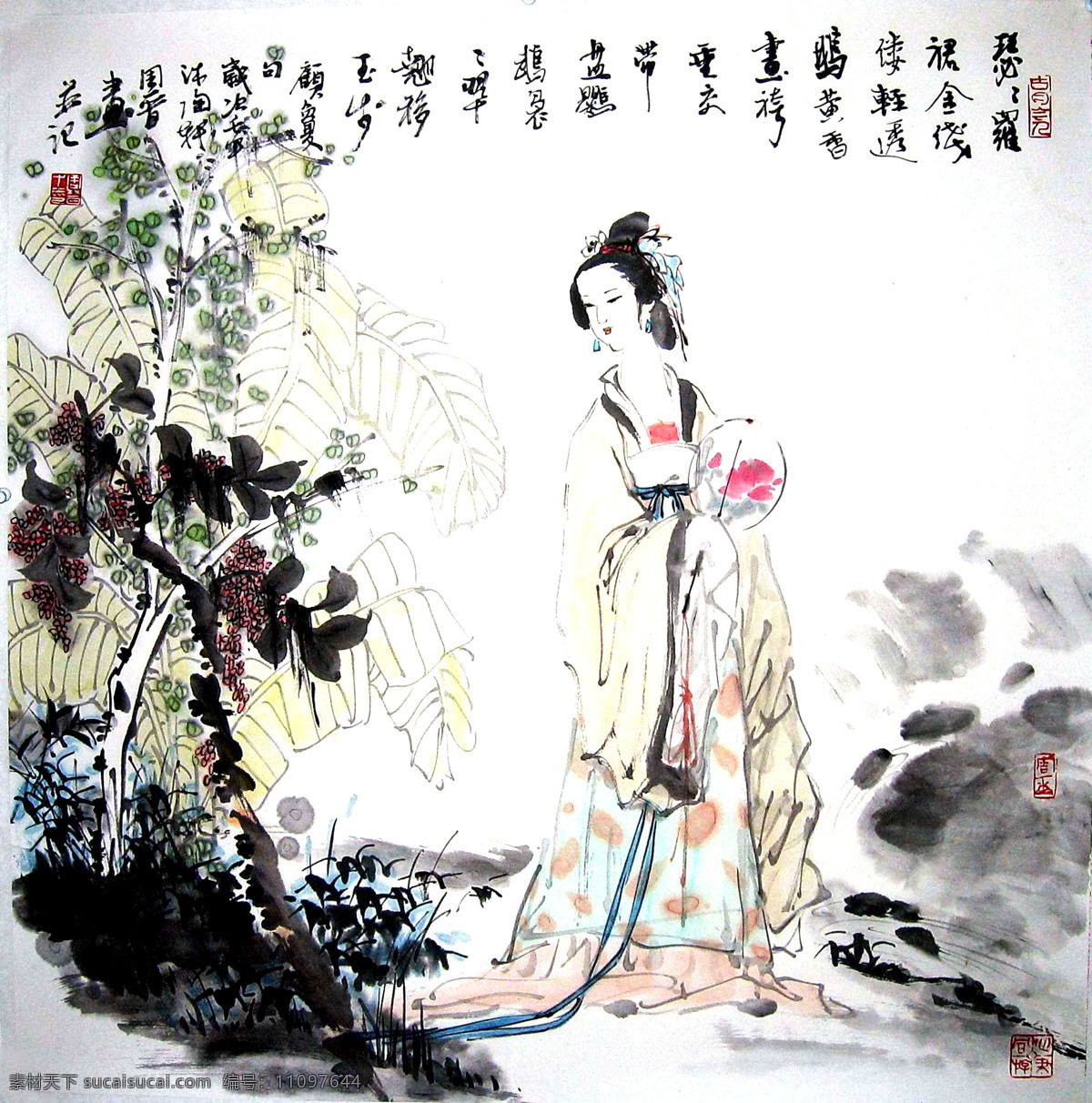 芭蕉 古典美女 红妆 化妆 绘画书法 假山 美女 人物画 仕女设计素材 仕女模板下载 仕女 周晋 中国画 水墨画 宫女 石头 团扇 书法 印章 字画 文化艺术 装饰素材 雕刻 图案
