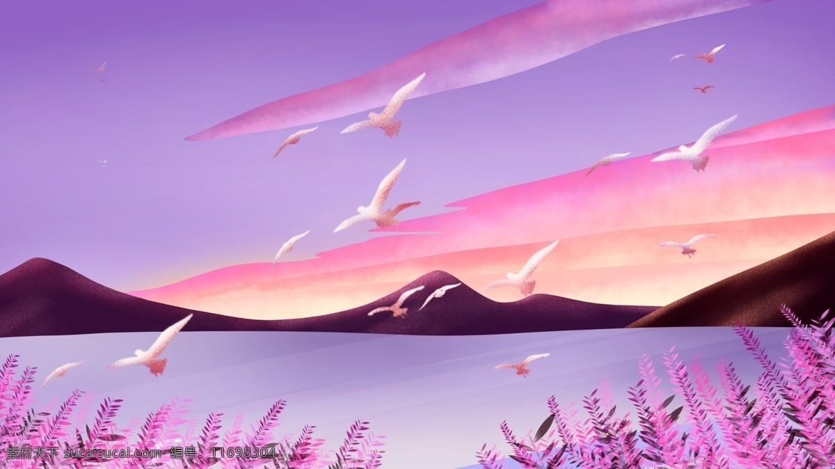 落日 下水 面上 飞舞 海鸟 水彩 风景画 海报 插画 中国风 水彩画 植物 壁纸 手绘 紫色调