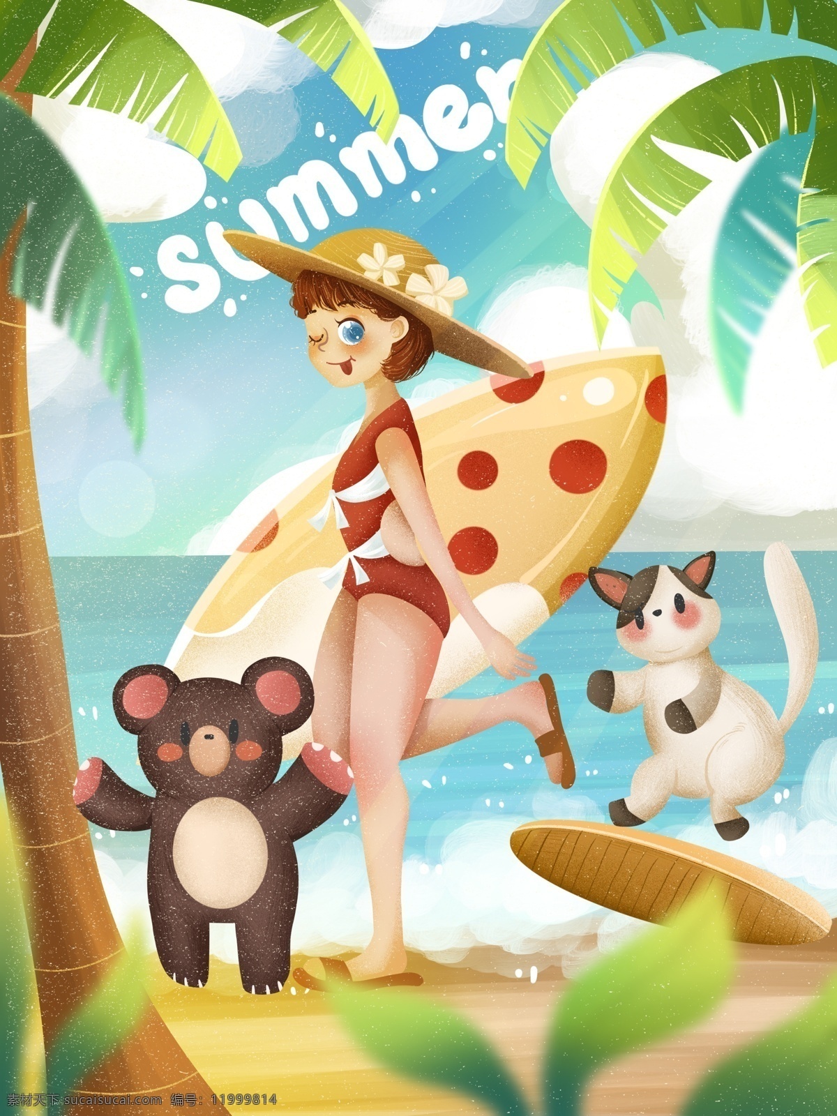 小暑 女孩 宠物 冲浪 唯美 插画 可爱 猫咪 小熊 沙滩 海景