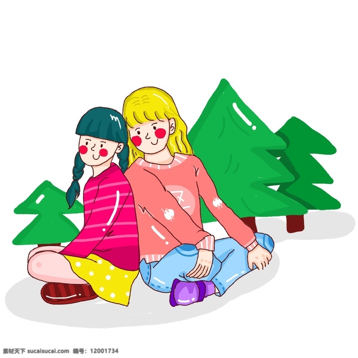 卡通 手绘 插图 可爱 姐妹 源文件 插画 森林 绿色 红色 少女 树木 黄色 害羞 背靠背 美