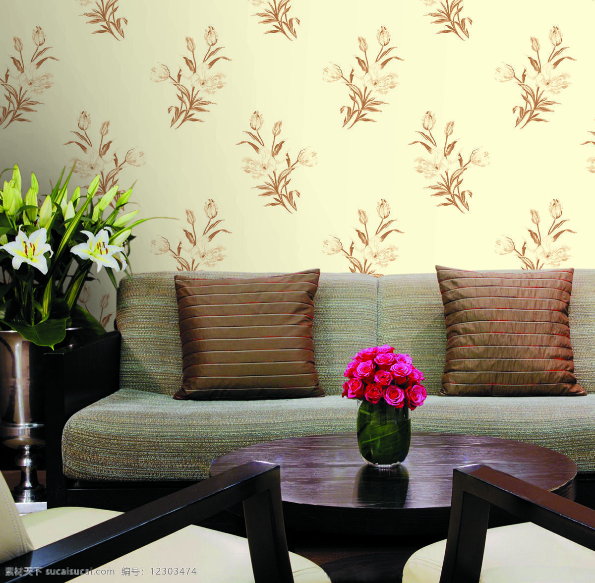 背景 背景墙 壁纸 灯 花朵 花纹 环境设计 玫瑰花 墙纸展示 欧式家居 墙纸 沙发 室内设计 装饰素材