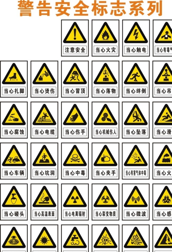 警告 安全 标志 系列 安全标志系列 注意安全 当心火灾 当心车辆 标志图标 公共标识标志