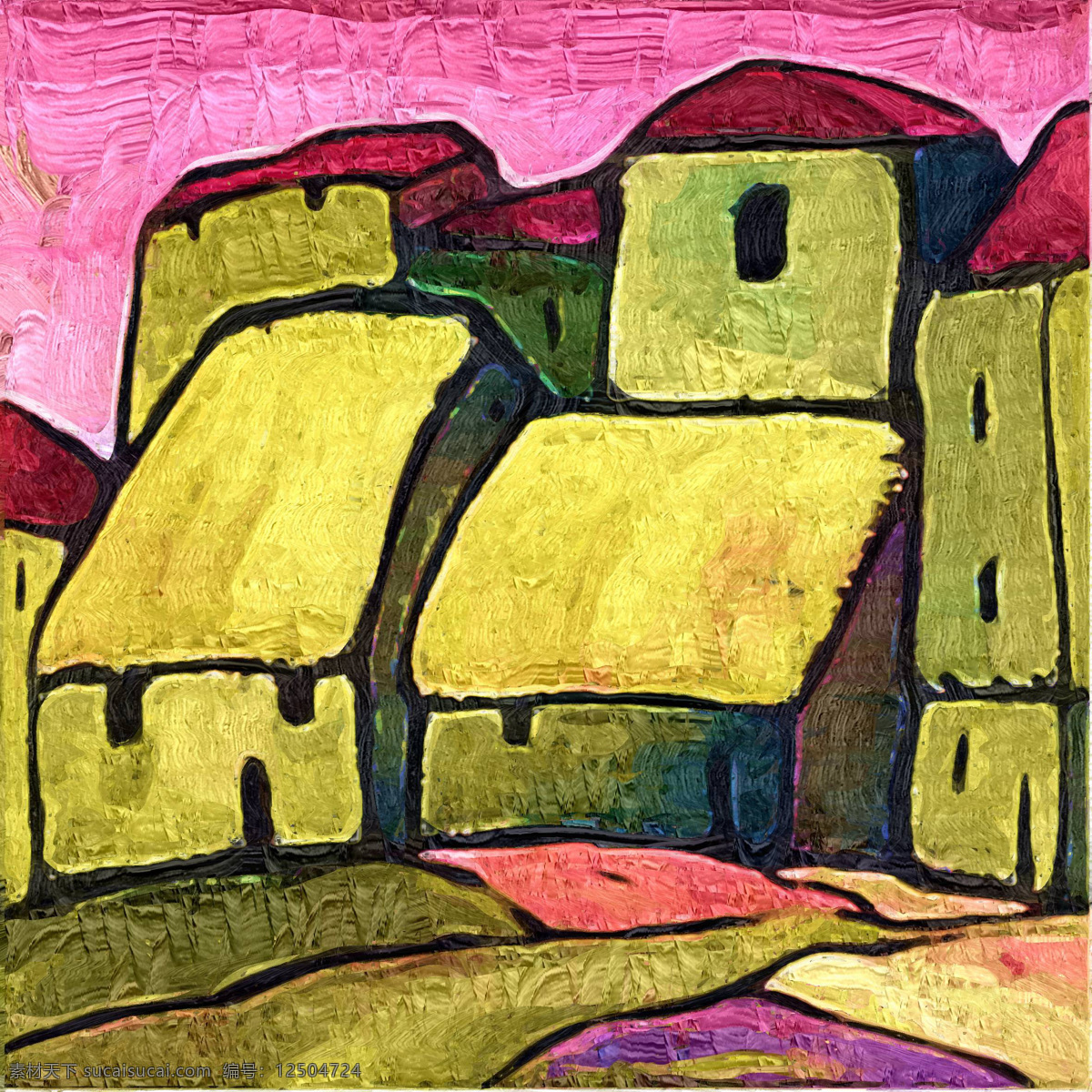 小镇 抽象画 房屋 风景画 绘画 绘画书法 手绘 文化艺术 油画 装饰画 无框画 装饰素材