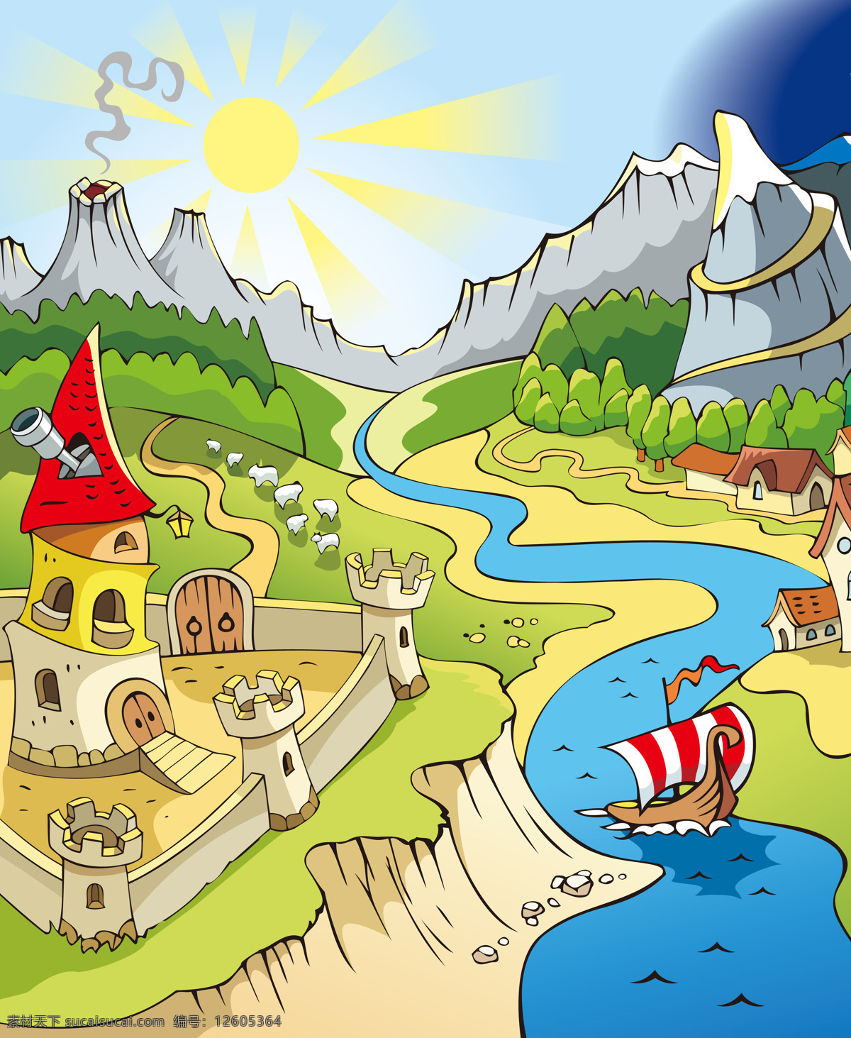 童话故事 城堡 船 山峦 大河 卡通 动漫 可爱