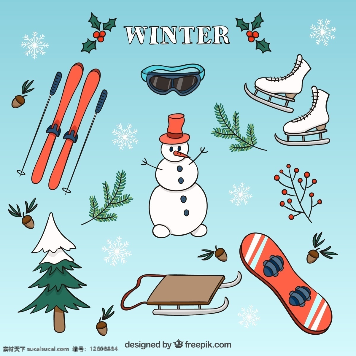 手绘 冬季 元素 集合 圣诞树 一方面 雪 冬天 手画 雪人 冰 画画 滑雪 滑冰 手工绘图 绘制 圣诞元素 粗略 收集 青色 天蓝色