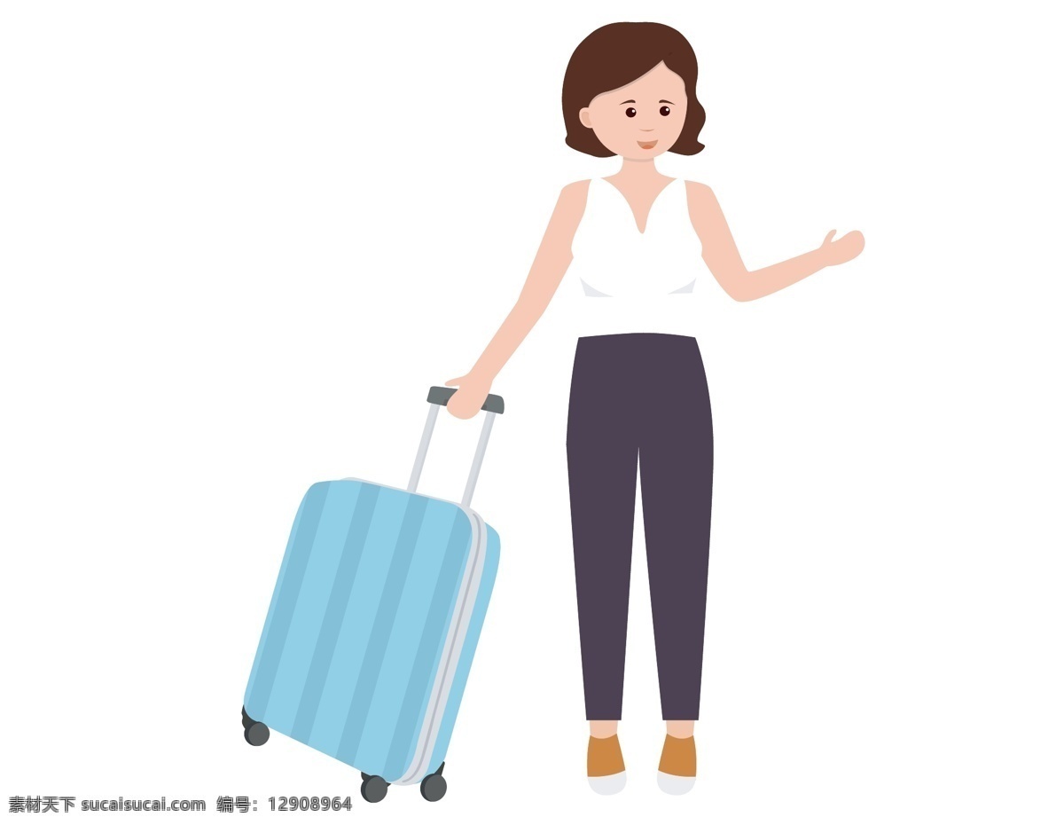 手绘 美女 行李箱 元素 旅游 拉行李箱 ai元素 免扣元素