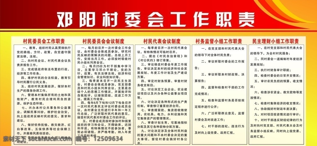 邓 阳 村 委员会 工作职责 村民委员会 红色展板 展板模板 矢量