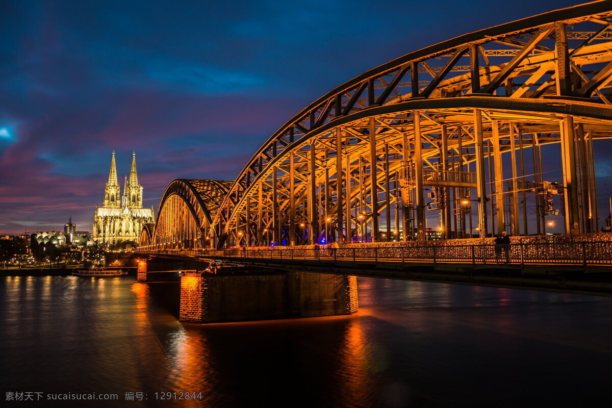 璀璨 大桥 夜景 高清 莱茵河 欧洲 河流 流水 河畔