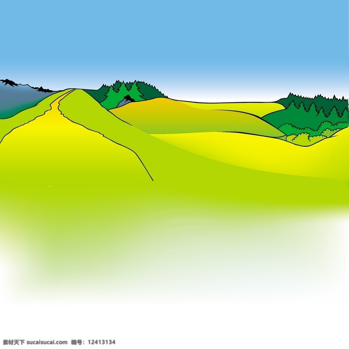 精美 山坡 风景 花朵 矢量素材 树木 矢量图 其他矢量图