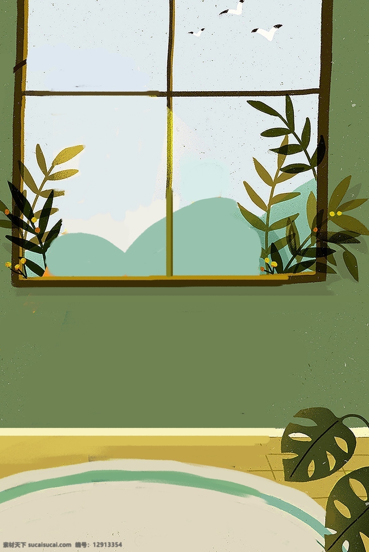 卡通 黑色 窗户 免 抠 图 卡通窗户 绿色植物 植被生态 漂亮的枝叶 绿色生态叶子 绿色草丛 卡通家具 免抠图