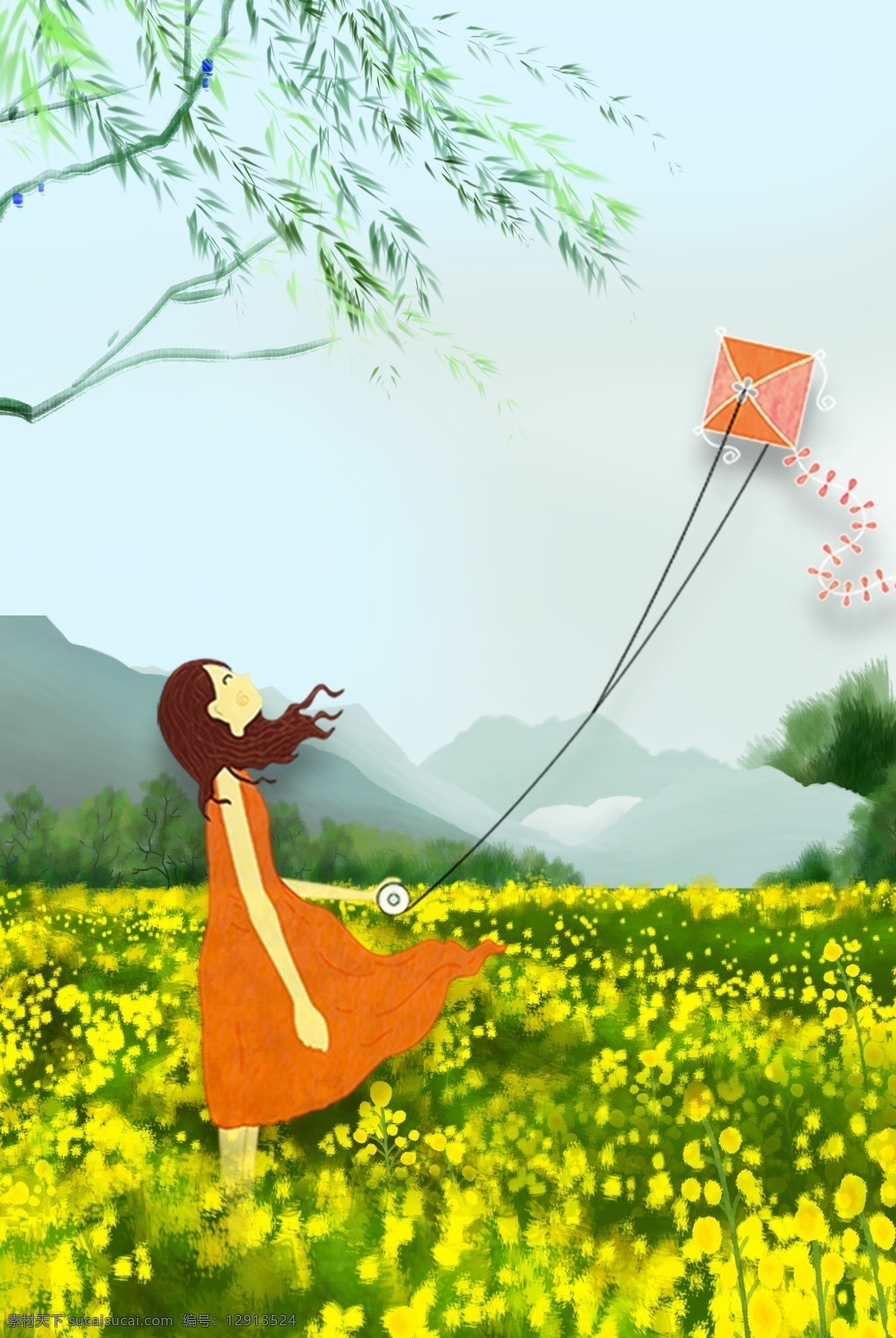 春天 清明 美景 海报 自然 景色 远山 花海 油菜花 柳树 蓝色 绿色 成色 放风筝 小姑娘