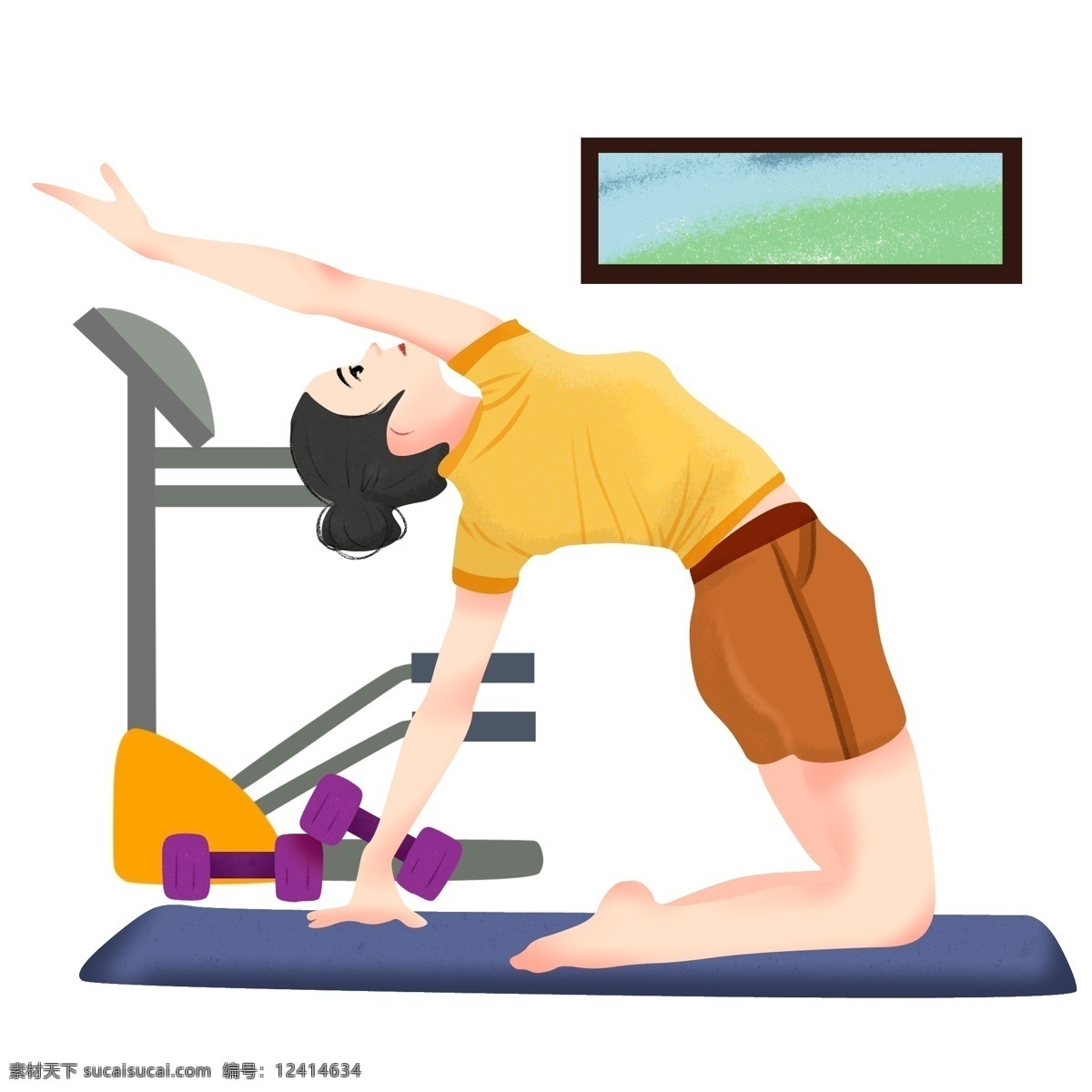 健身房 健身 小女孩 瑜伽健身插画 健身房健身 健身的小女孩 紫色的哑铃 黑色的垫子 灰色的跑步机