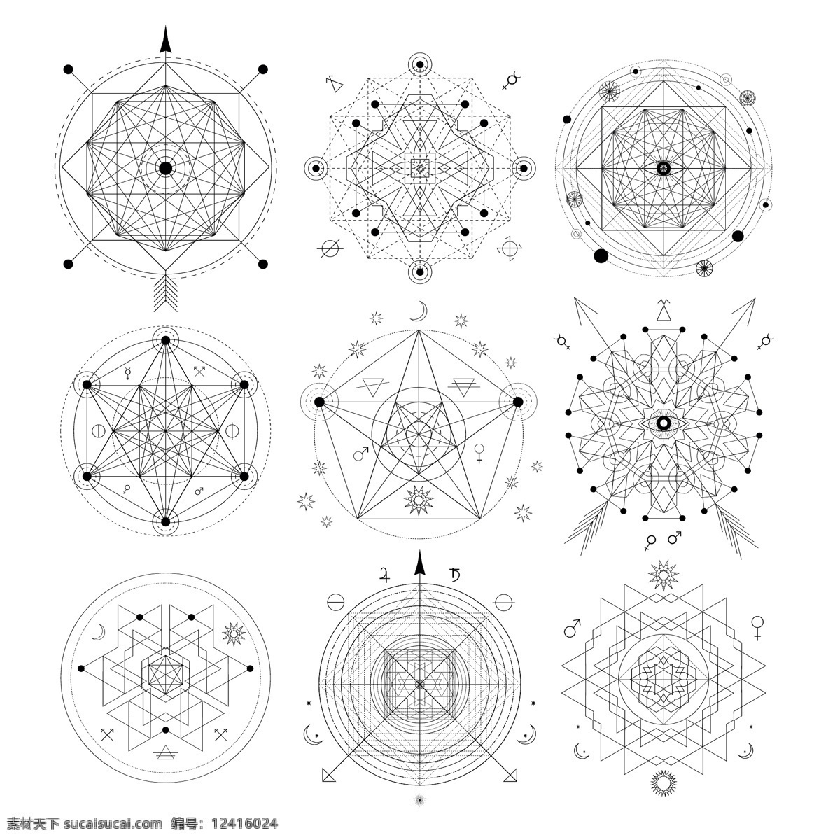 多边形 法 阵 创意 矢量 点状 魔法 特效 线条 圆形 法阵 黑白