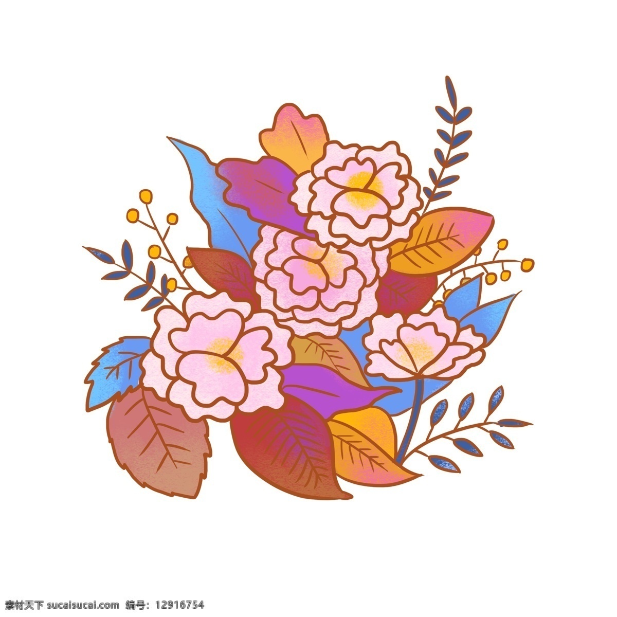 卡通 可爱 手绘 花朵 花卉 花束 彩色 元素 图案 叶子 花丛