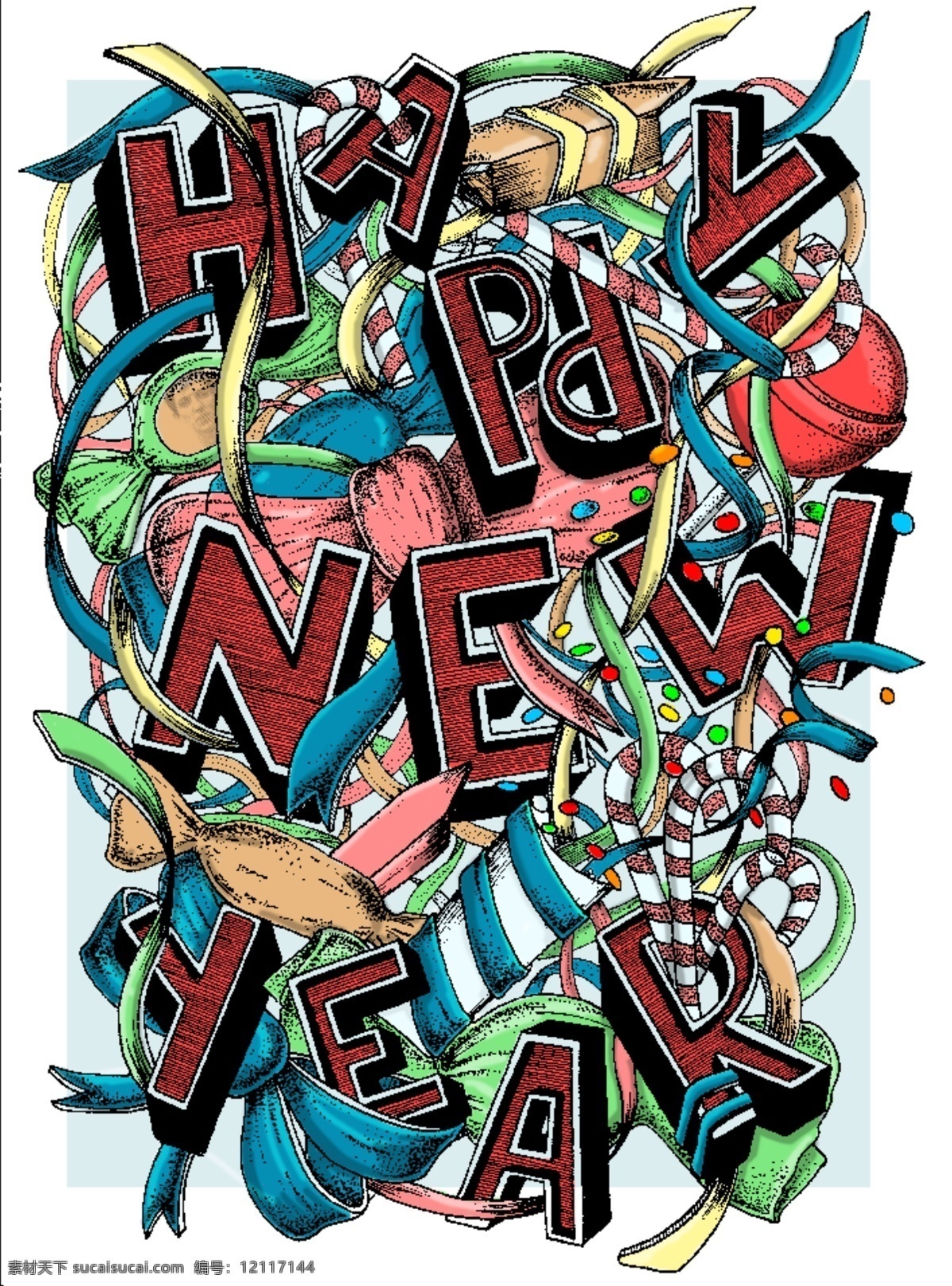 新年 快乐 字体 文艺 手绘 展板模板
