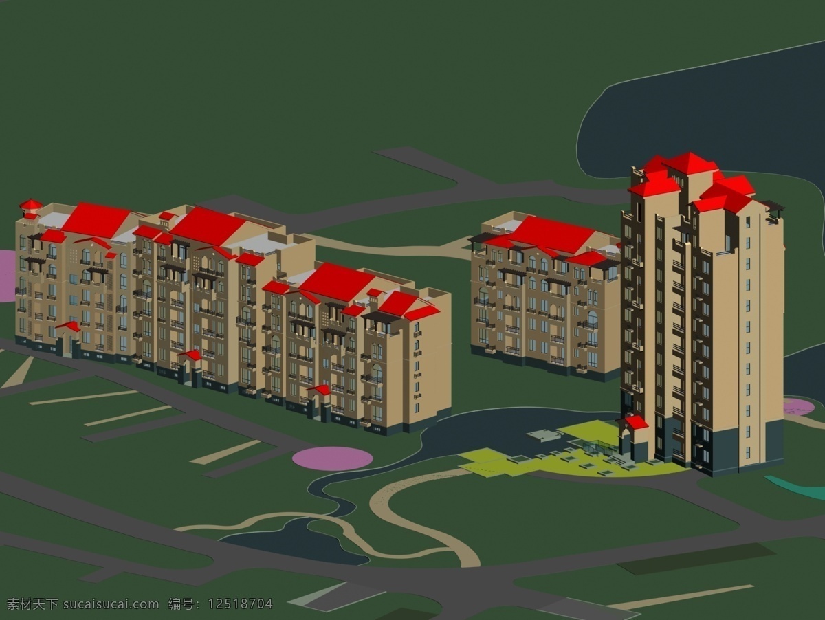 红 坡顶 多层 栋 塔式 住宅楼 模型 住宅楼模型 塔式住宅楼 红坡顶住宅楼 3d模型素材 建筑模型