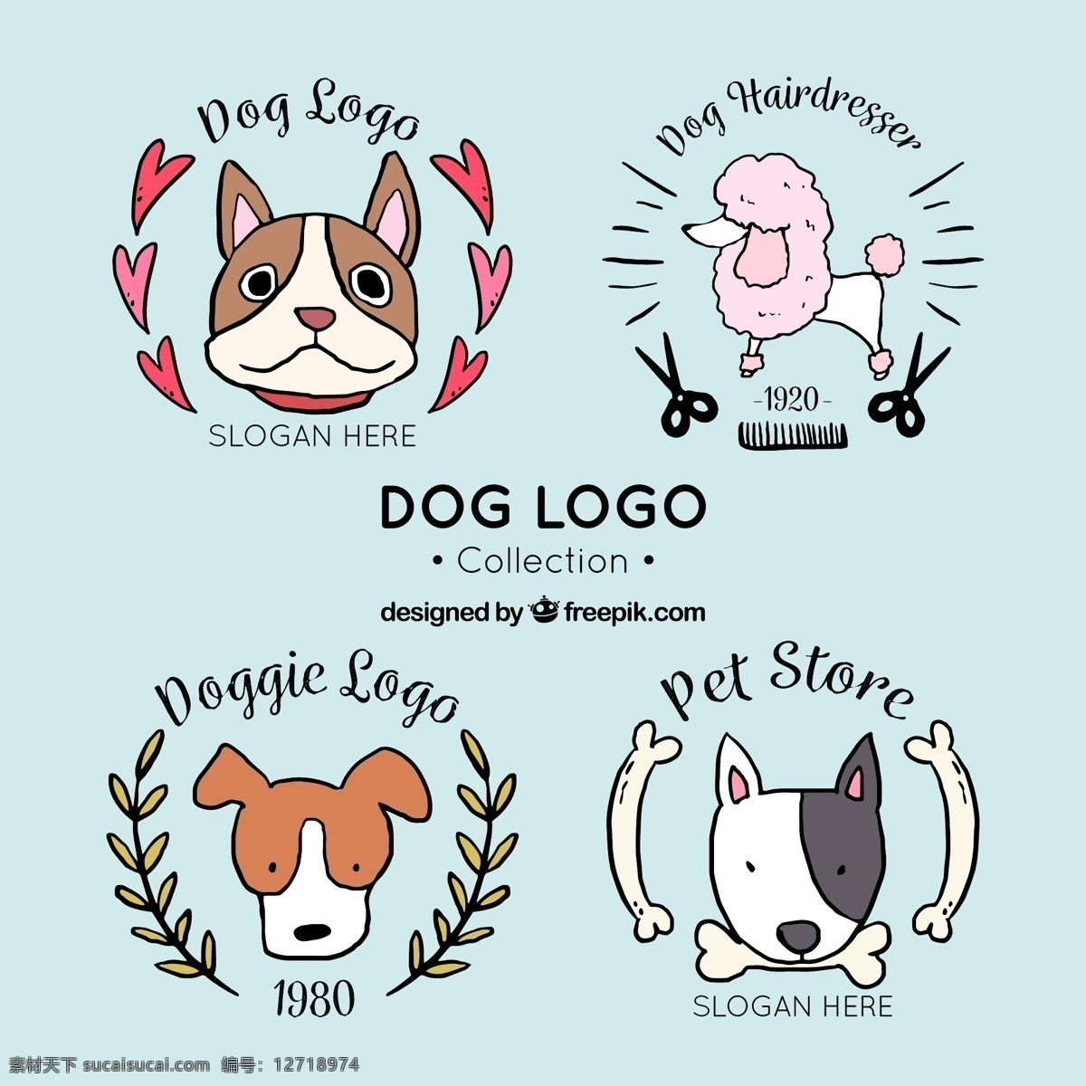 套 奇妙 狗 标志 手绘 风格 商标 企业 手 线 标签 动物 营销 色彩 商店 标识 宠物 公司 企业形象 品牌 现代 象征