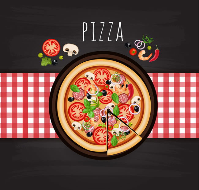 意大利 披萨 俯视图 矢量 海鲜 食物 餐桌 西红柿 黑色