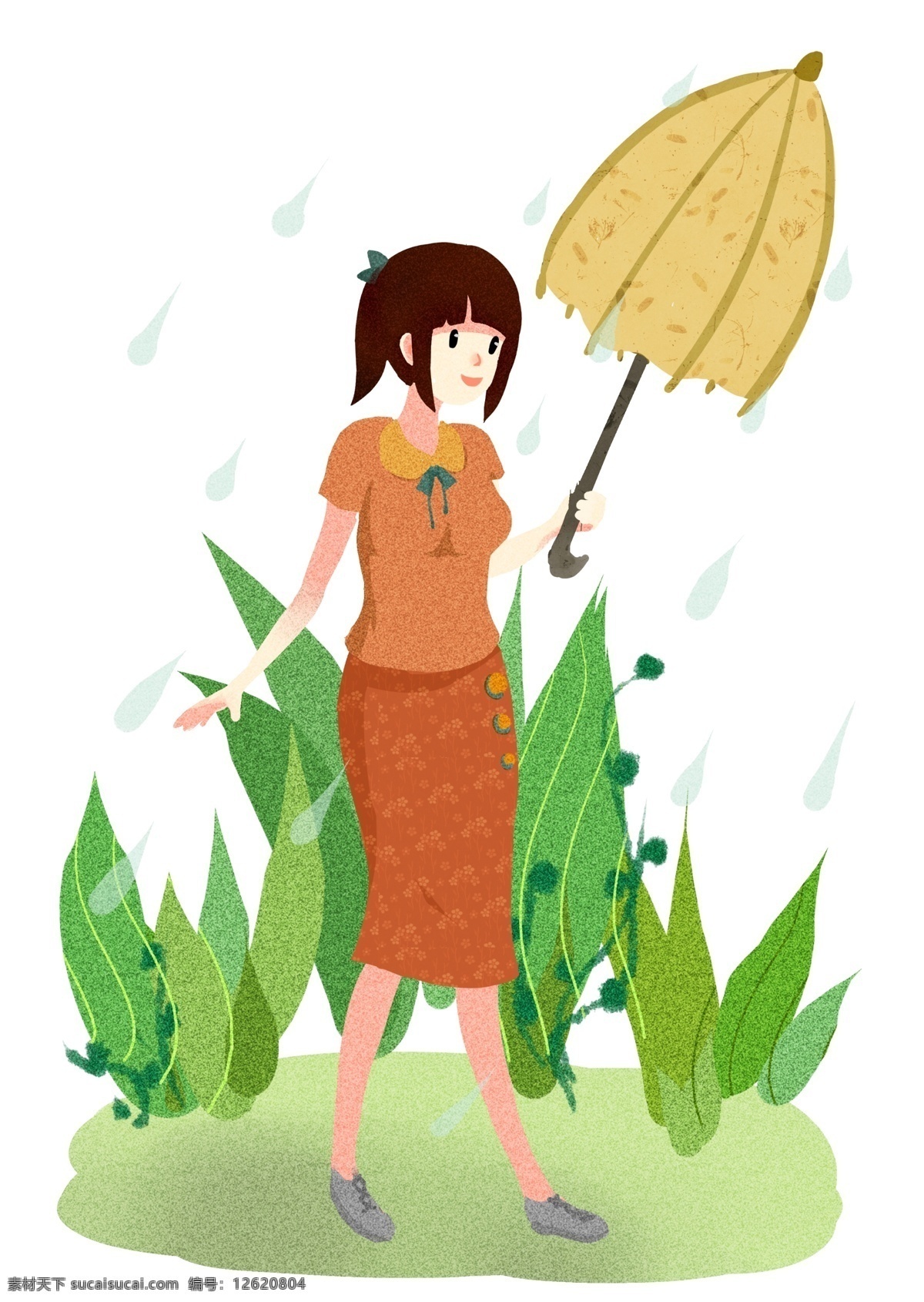 清明节 撑伞 女孩 插画 撑伞的女孩 清明节插画 黄色的雨伞 绿叶装饰 下雨天气 雨滴装饰插画 卡通插画