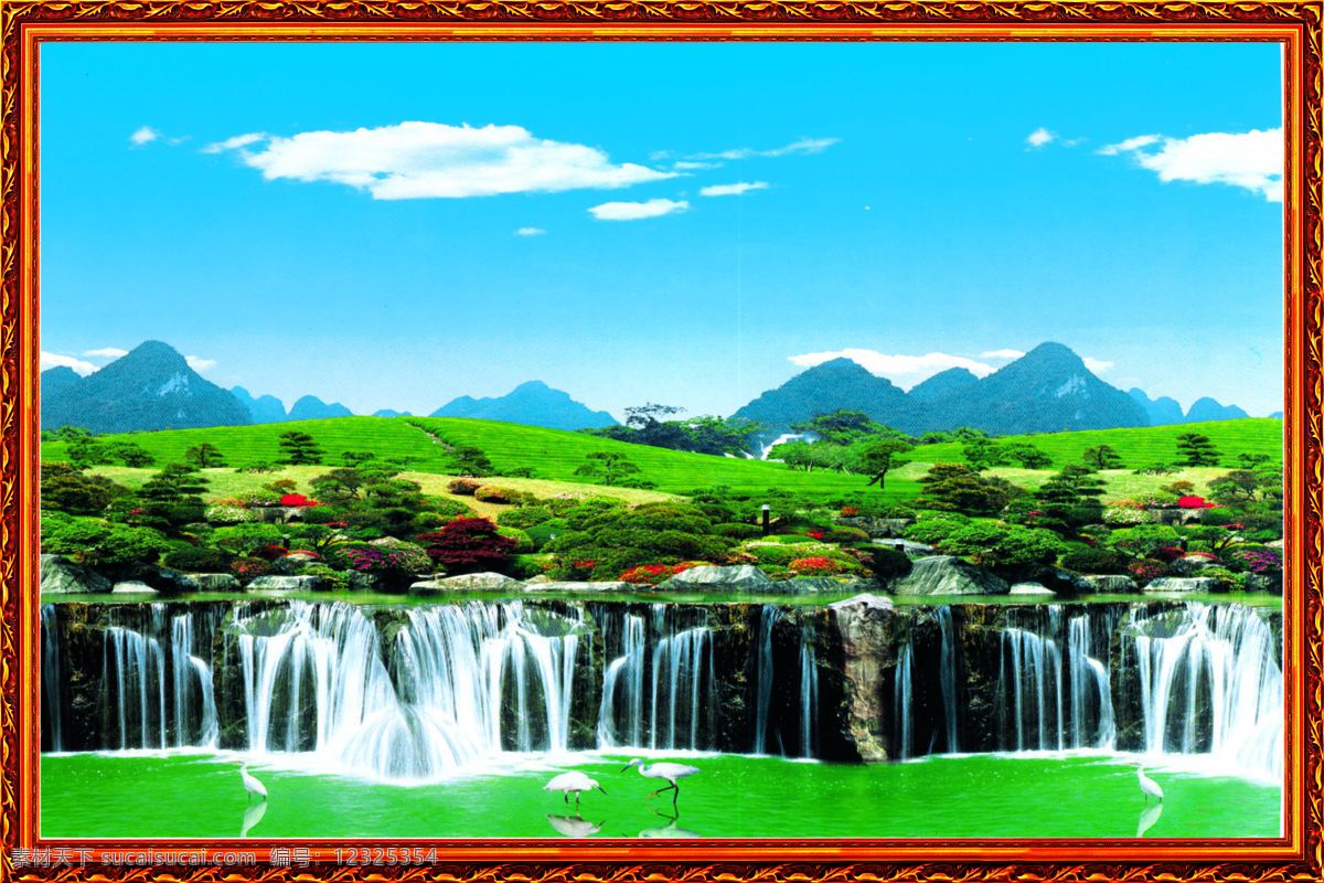 瀑布 瀑布美景 高山流水 风景画 草地 蓝天白云 花圃 鲜花 山 壁画 树 自然风光 自然景观