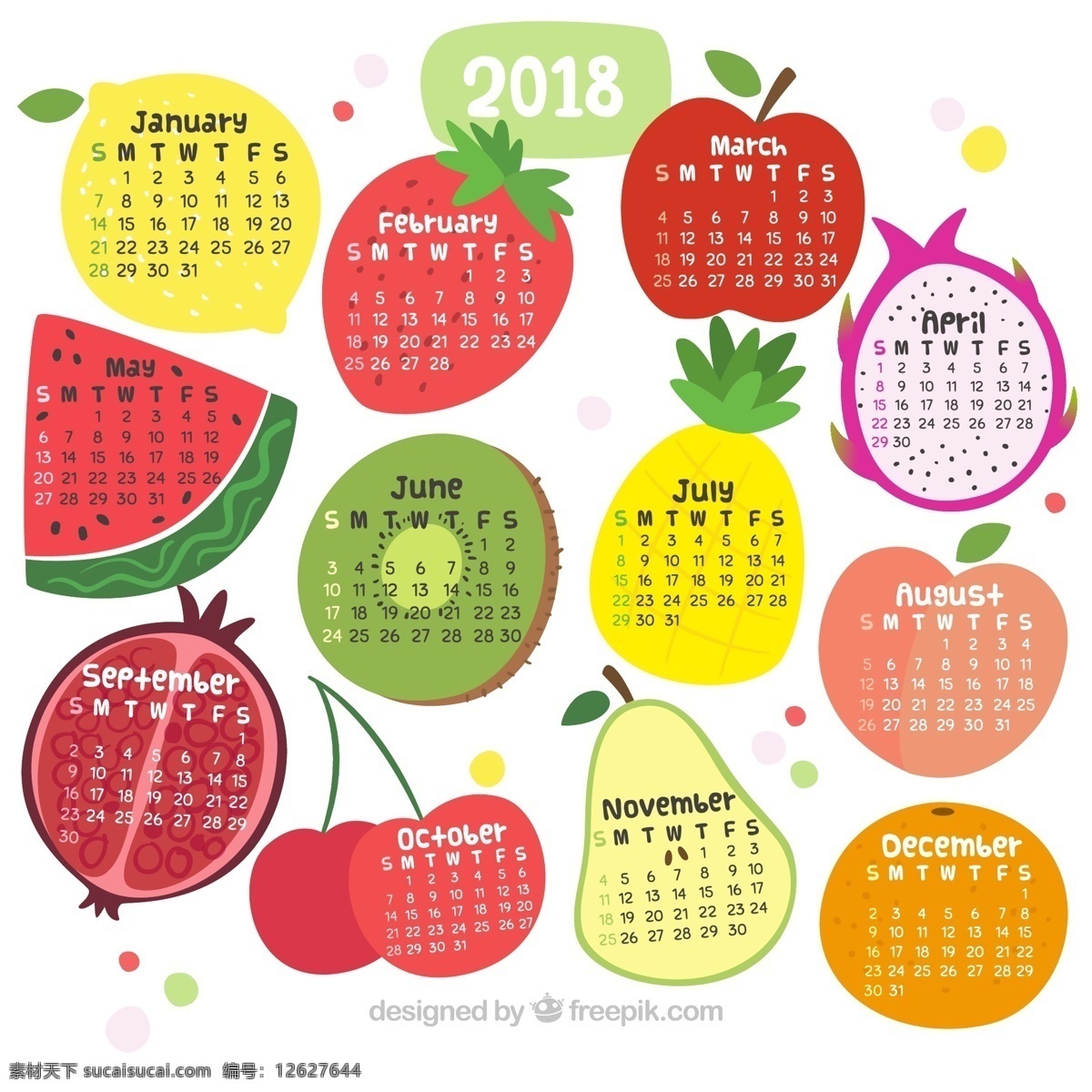 2018 年 可爱 水果 年历 矢量 新年 苹果 樱桃 2018年