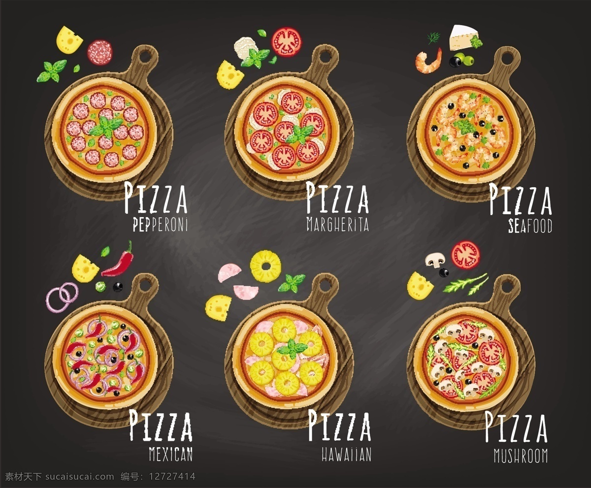 六个披萨 披萨 圆形 木托盘 蔬菜 肉 黑色