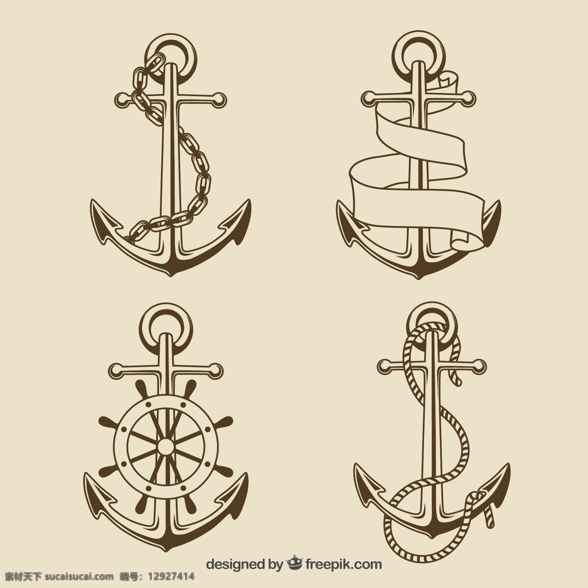 复古 手绘 船 锚 矢量 丝带 铁链 绳索 缰绳 船锚 船舵 航海 矢量图
