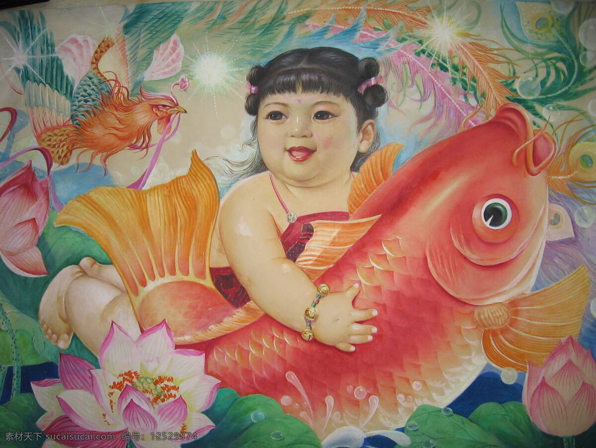 连年 有余 女 娃娃 年画 鲤鱼 女娃娃 荷花 文化艺术 传统文化 设计图库