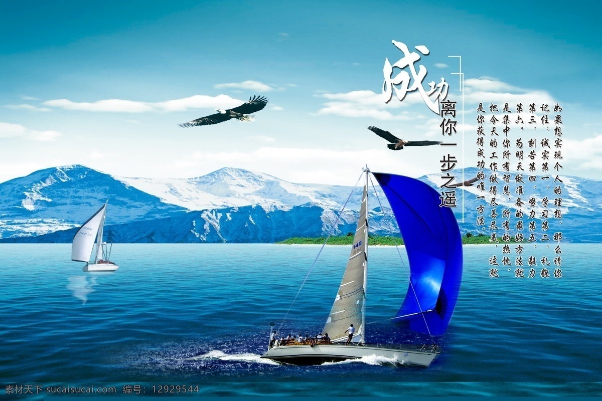 成长展板 蓝色的大海 帆船 老鹰 雪山 绿色的草地 青色 天蓝色