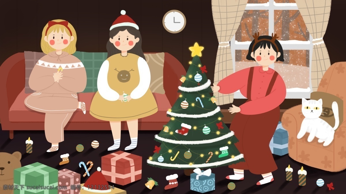 女孩 在家 装饰 圣诞树 圣诞节 创意 插画 沙发 礼盒 家 猫咪 铃铛 袜子 蜡烛 熊偶 朋友 一起 下雪