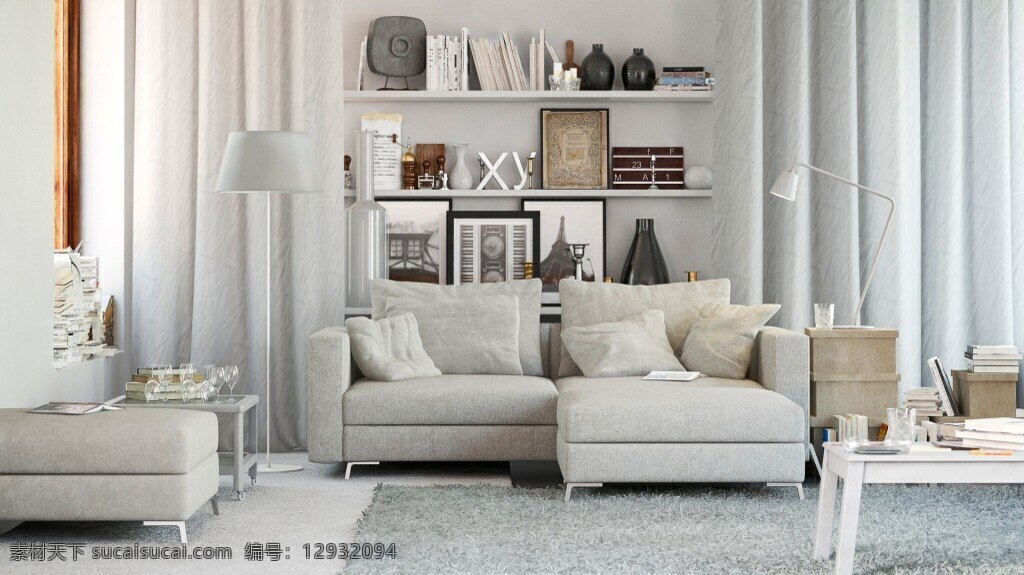 2018 年 大气 简约 干净 白色 客厅 效果图 max 2018最新 北欧 双人沙发 书柜 装饰画 落地窗 3d
