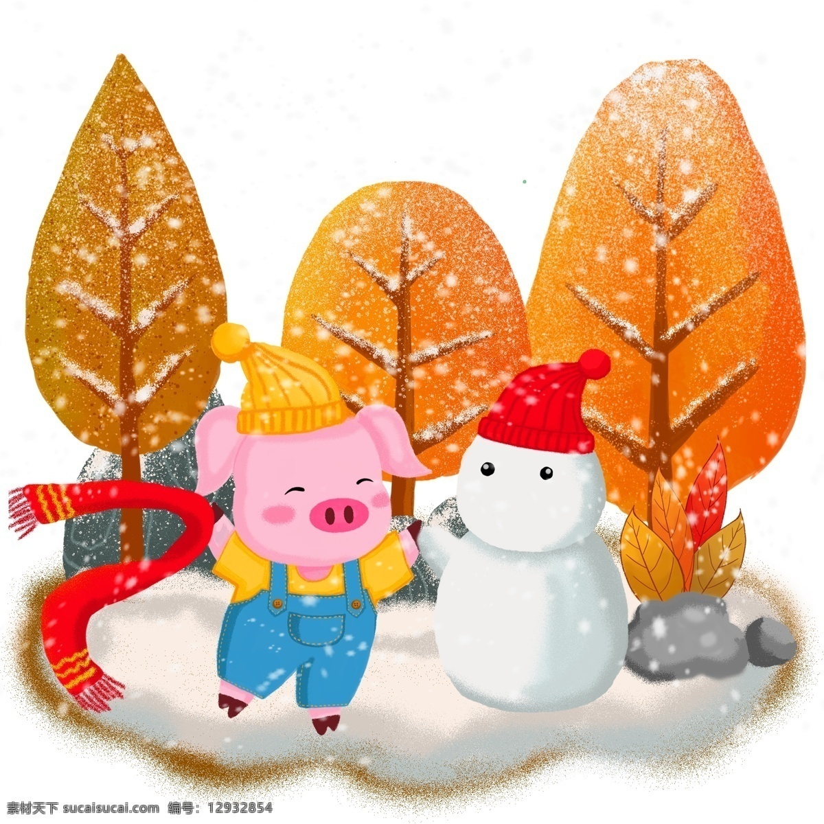 猪年 动物 猪 手绘 可爱 卡通 堆 雪人 小 形象 冬天 石头 商业 堆雪人 树木 下雪 围巾 帽子 小猪 商用