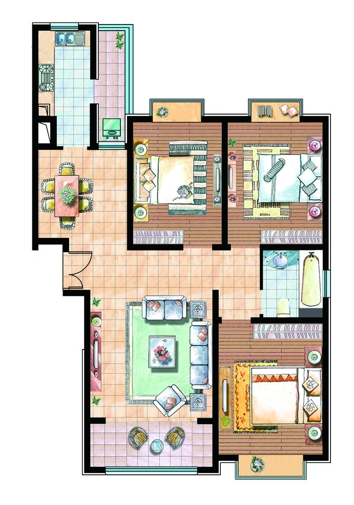 彩色平面图 户型图 户型 住宅 布局 装饰设计 装修 装修图 客厅 厨房 卫生间 卧室 户型配饰图 分层 源文件