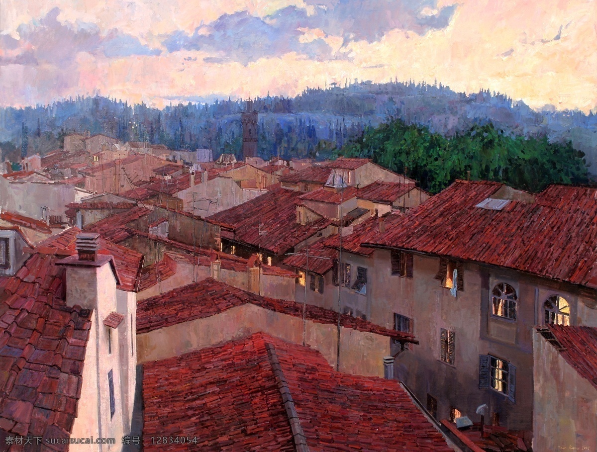 红房顶 屋顶 红瓦 树林 俯视 油画 风景画 装饰画 高清图片 绘画书法 文化艺术