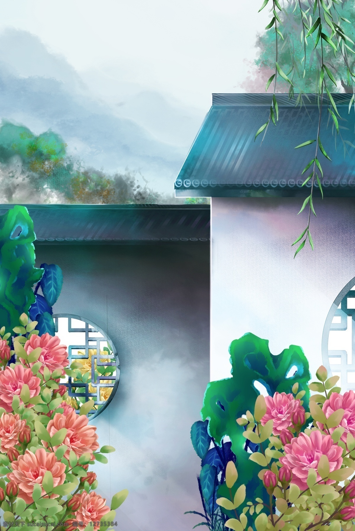 中国 风 彩色 风景画 中国风 大气 山水画 房屋 建筑物 植物 湖泊 精美 装饰画