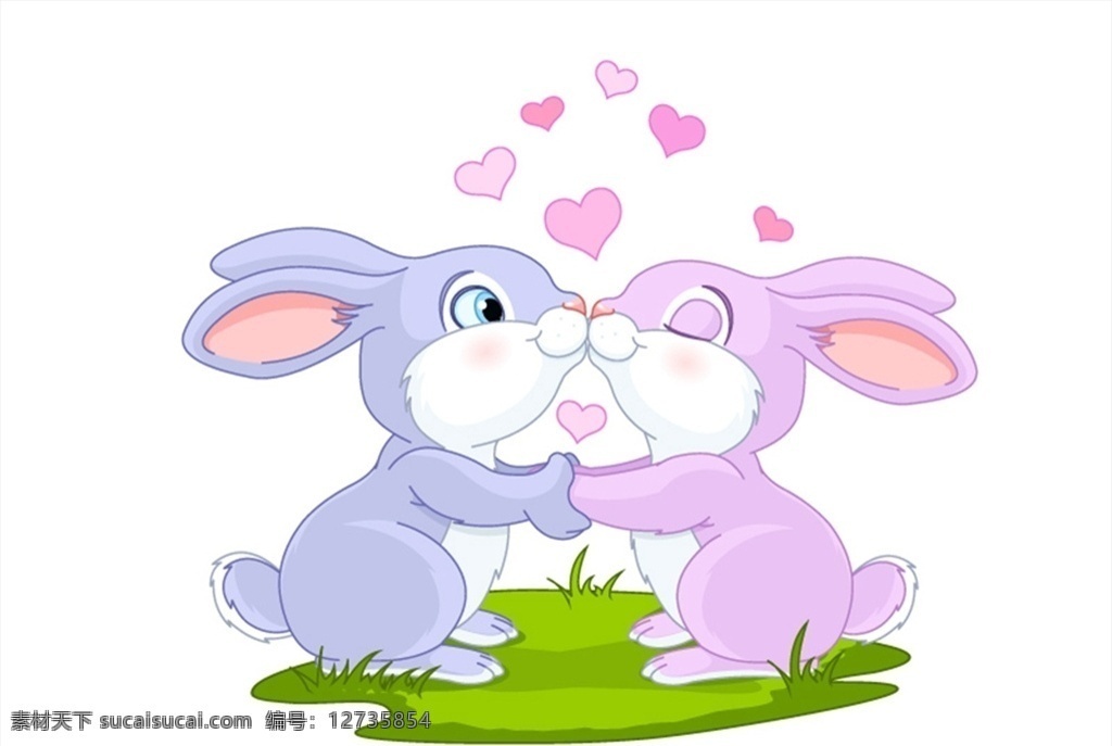 亲吻 情侣 兔子 草地 卡通 爱心 矢量 高清图片