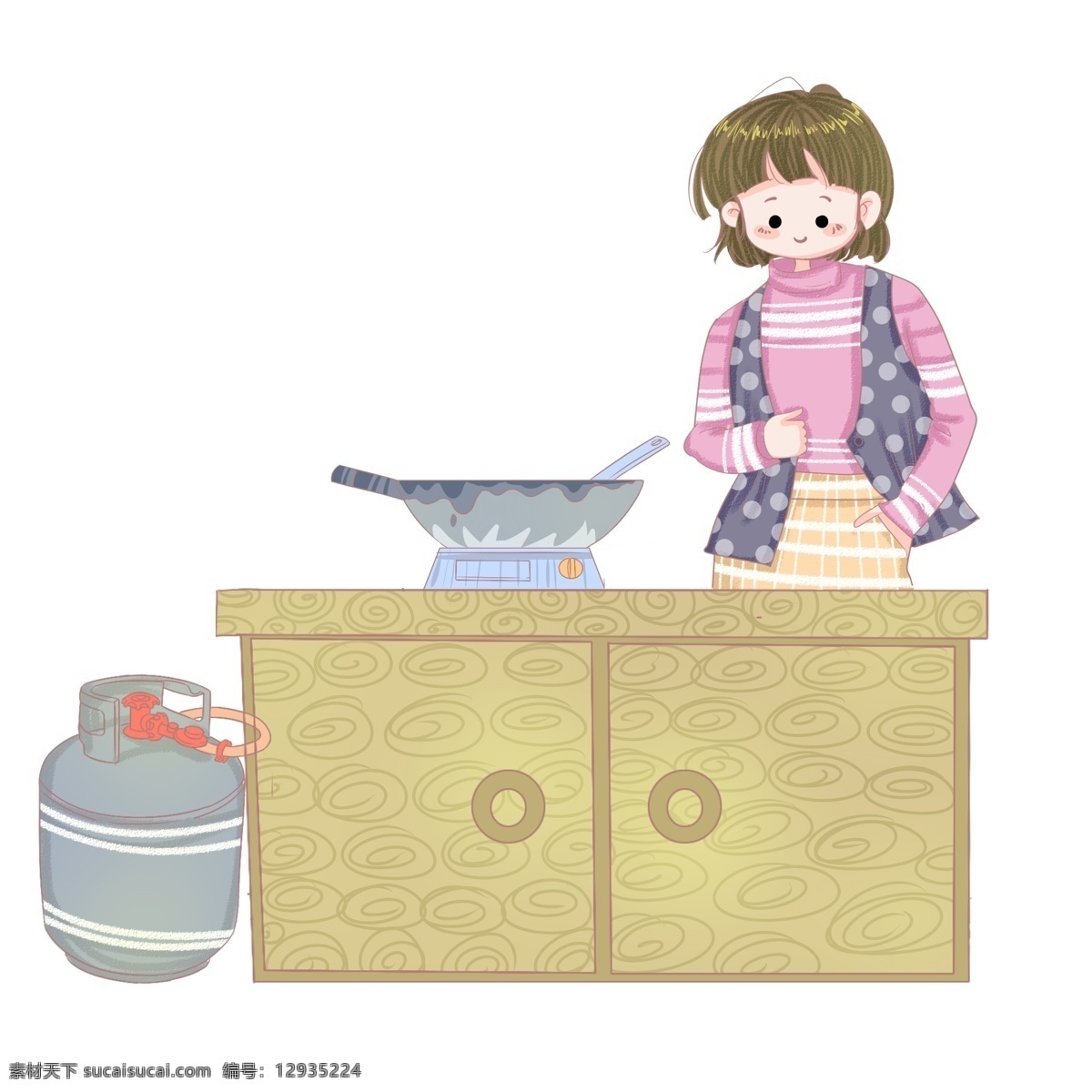 手绘 冬至 煮 饺子 插画 可爱的孩子 液化气罐子 漂亮的厨台 旺盛的炉火 美味的饺子 手绘冬至插画