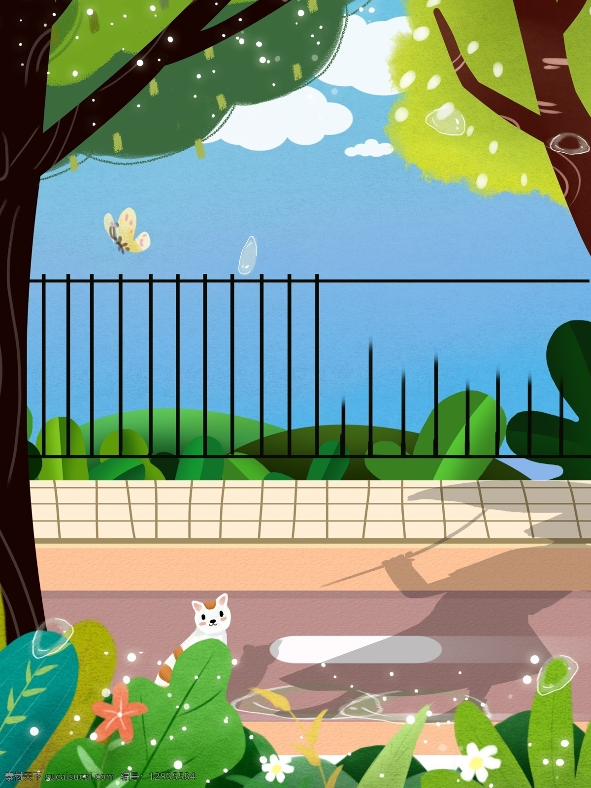 小 清新 公园 风景 插画 背景 植物 树木 道路 卡通 彩色 创意 装饰 设计背景 海报背景 简约 图案