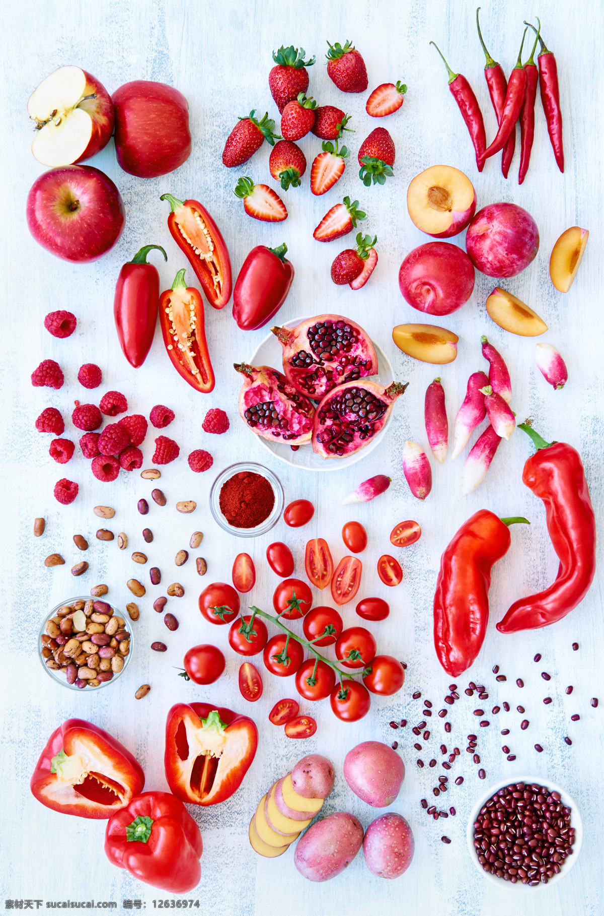 红色 水果 蔬菜 背景 马铃薯 辣椒 草莓 西红柿 石榴 萝卜 食材原料 餐饮美食