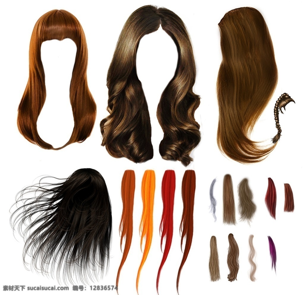 发型模板 3d 长发发型 黑色长发 棕色长发 金色长发 白色长发 卷发发型 红发发型 发束 分层