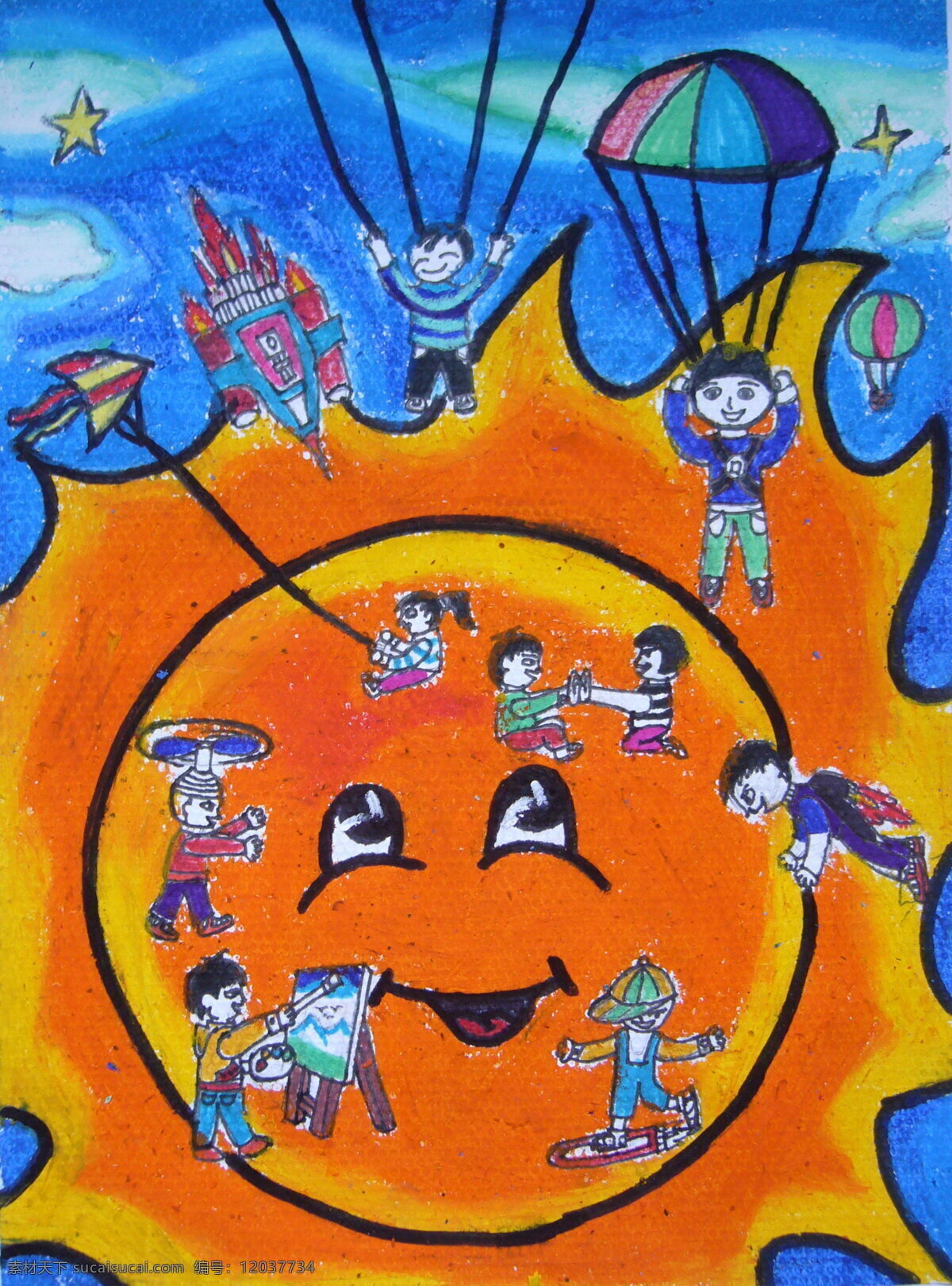 科幻画 儿童科幻画 少儿科幻画 太阳 蓝天 降落伞