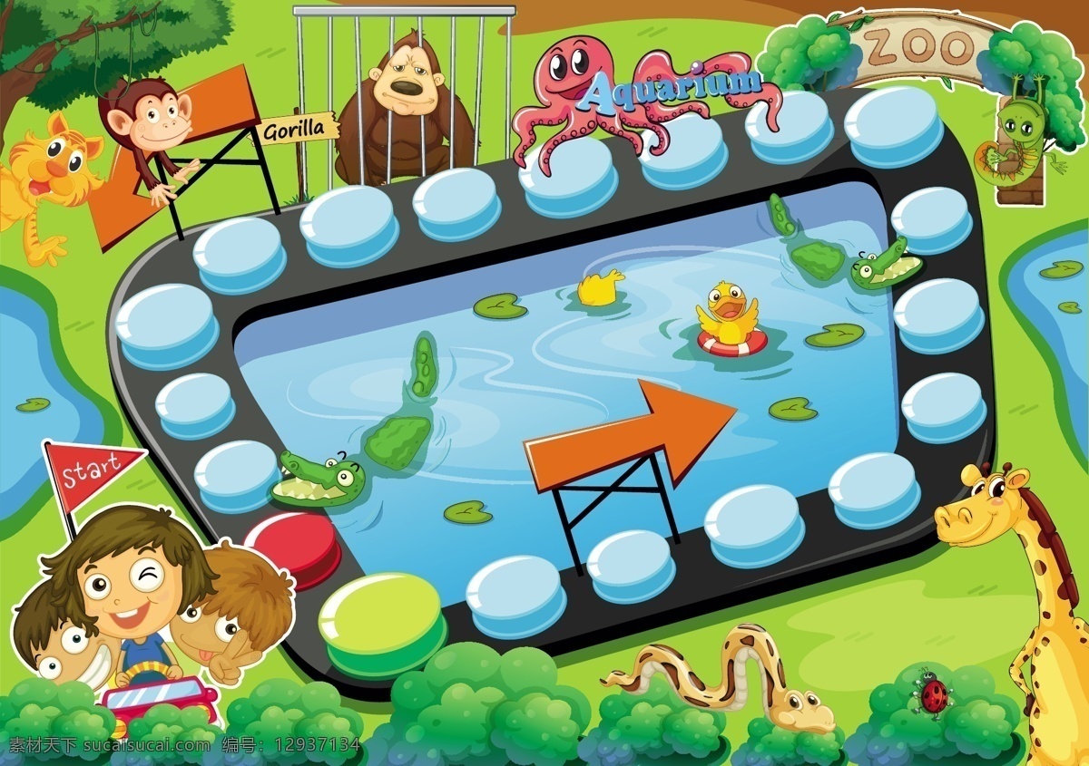 棋盘游戏 猩猩 猴子 水池 孩子 小孩 动物园 鳄鱼 八爪鱼 变色龙 长颈鹿 蛇 树木 七星瓢虫 分层
