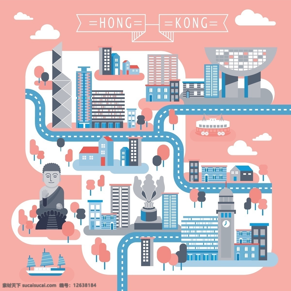 可爱 旅游 路线图 手绘 手绘地图 手绘路线图 香港旅行 旅行路线图 卡通地图 卡通路线图 香港路线图 旅游景点 扁平化地图 地图 粉色